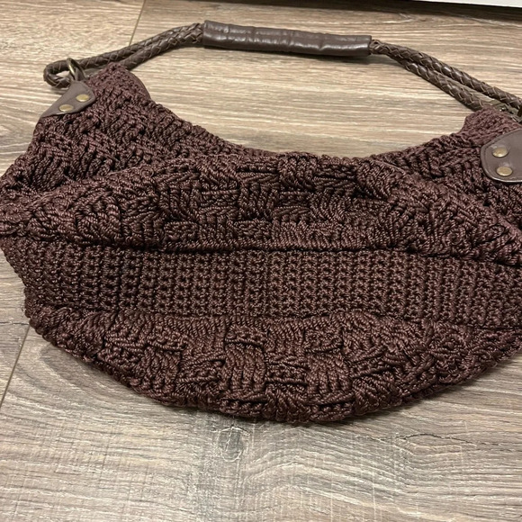 The Sak  Brown Crochet Knit Purse Satchel Half Moon Bag Medium Size - Picture 5 of 9
